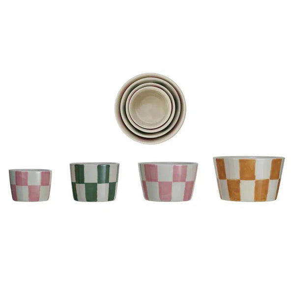  Checkered Hand-Painted Stoneware Nesting Bowls // Set of 4 