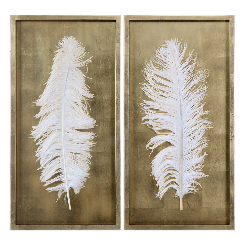 Wall Art White Feathers Gold Shadow Box S/2 