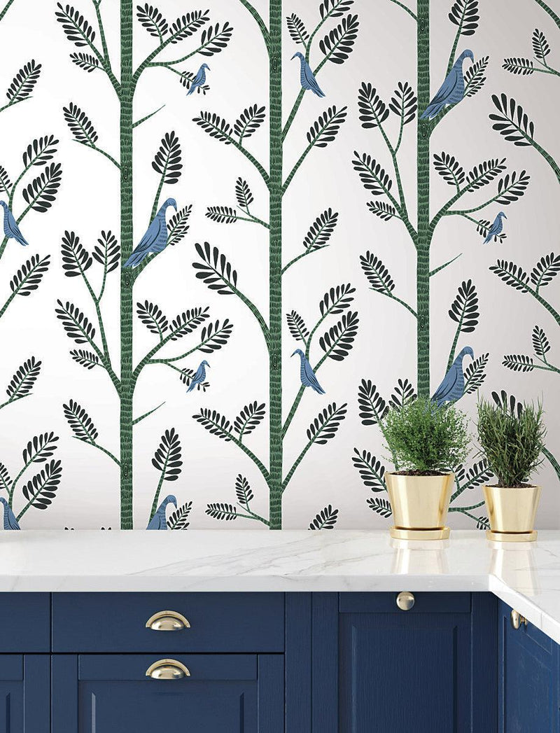 Wallpaper Aviary Branch Peel & Stick Wallpaper // Blue & Green 