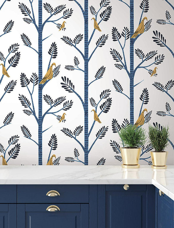 Wallpaper Aviary Branch Peel & Stick Wallpaper // Blue & Yellow 