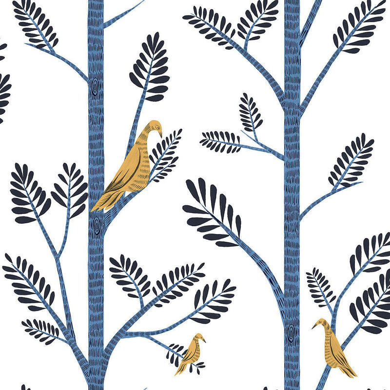 Wallpaper Aviary Branch Peel & Stick Wallpaper Sample // Blue & Yellow 8 x 10 