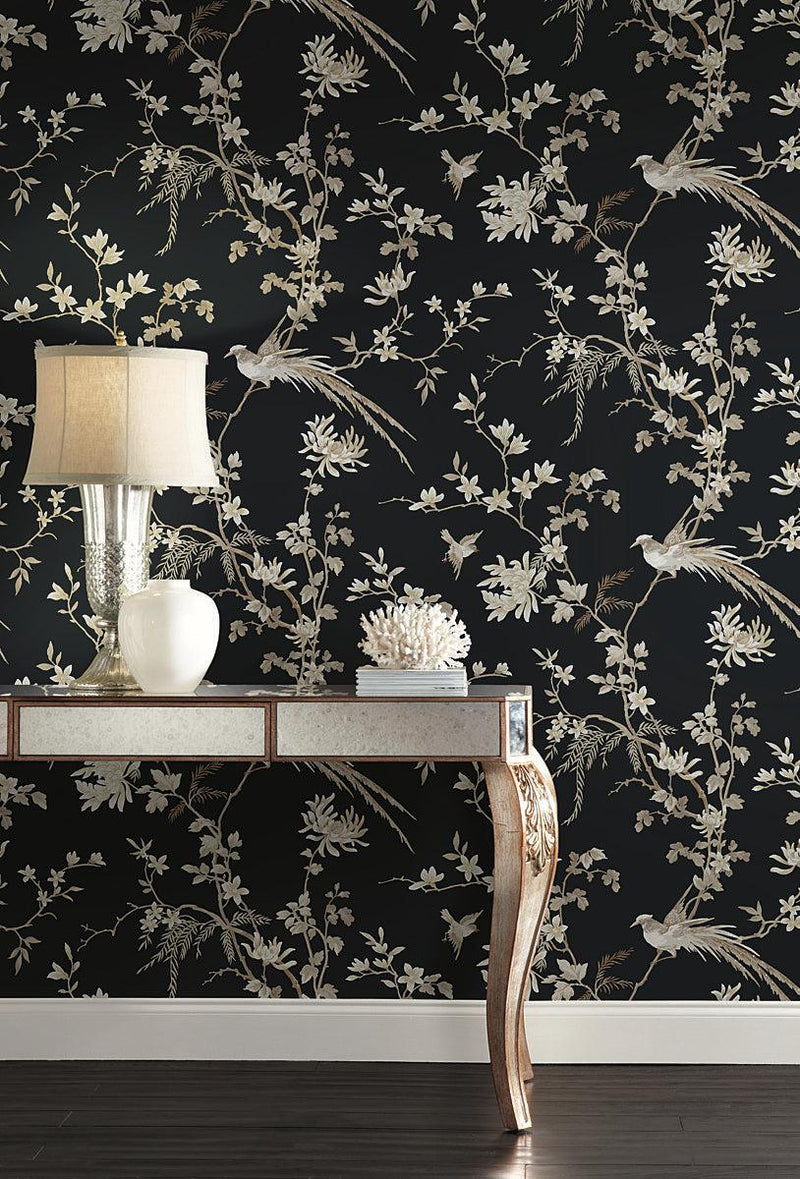 Wallpaper Bird & Blossom Chinoserie Wallpaper // Black 