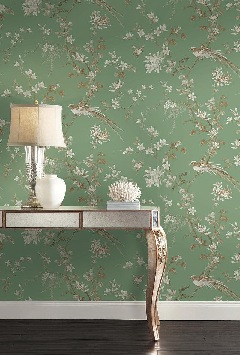 Wallpaper Bird & Blossom Chinoserie Wallpaper // Green 