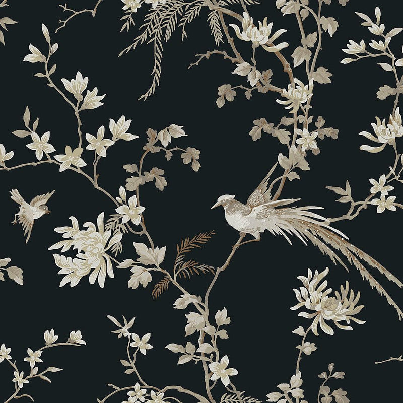 Wallpaper Bird & Blossom Chinoserie Wallpaper Sample // Black 8 x 10 