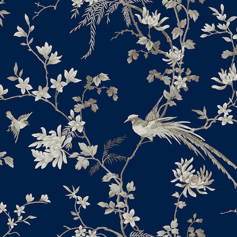 Wallpaper Bird & Blossom Chinoserie Wallpaper Sample // Blue 8 x 10 