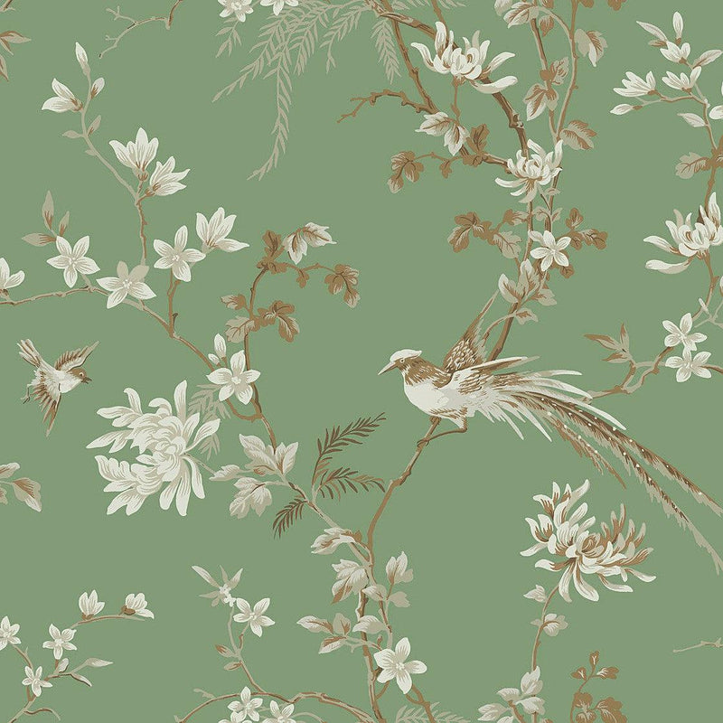 Wallpaper Bird & Blossom Chinoserie Wallpaper Sample // Green 8 x 10 