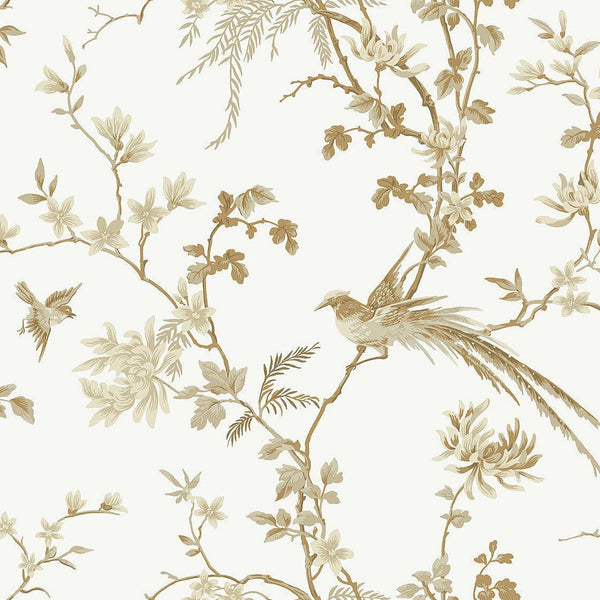 Wallpaper Bird & Blossom Chinoserie Wallpaper // White & Gold 