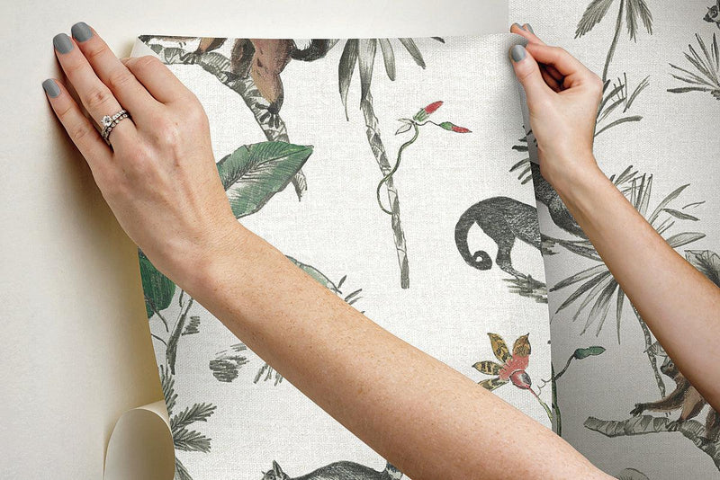 Wallpaper Botanicals & Lemurs Peel & Stick Wallpaper // White 