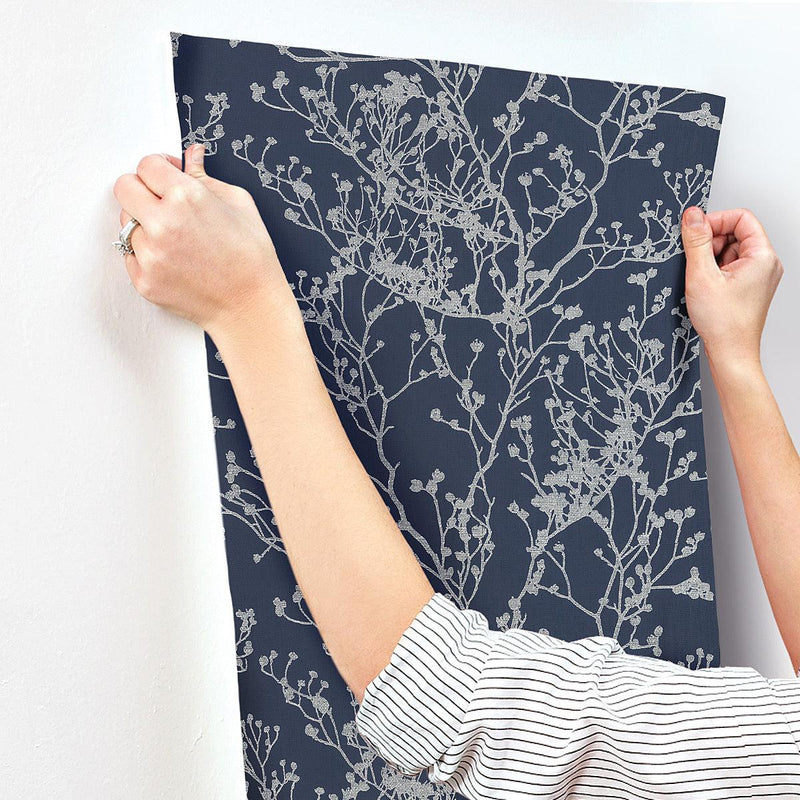 Wallpaper Budding Branch Silhouette Wallpaper // Navy 