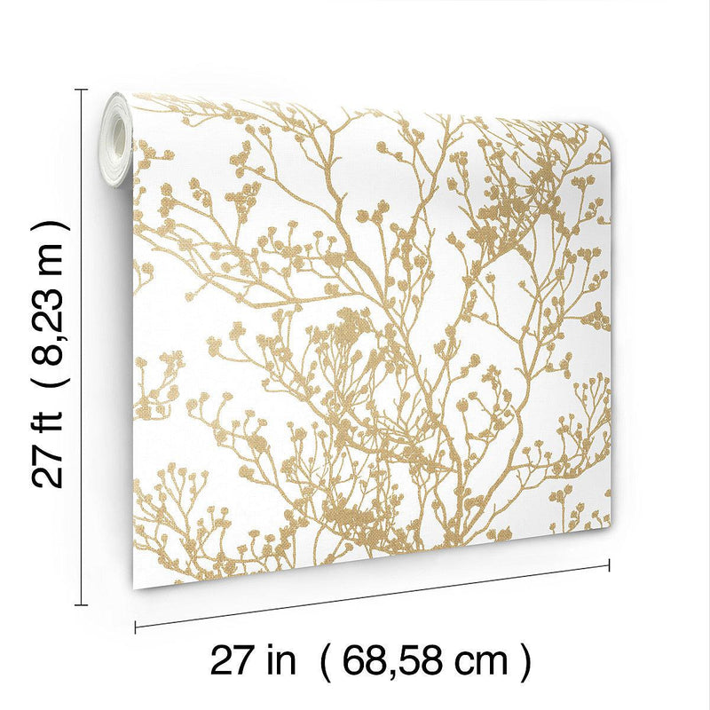 Wallpaper Budding Branch Silhouette Wallpaper // White & Gold 