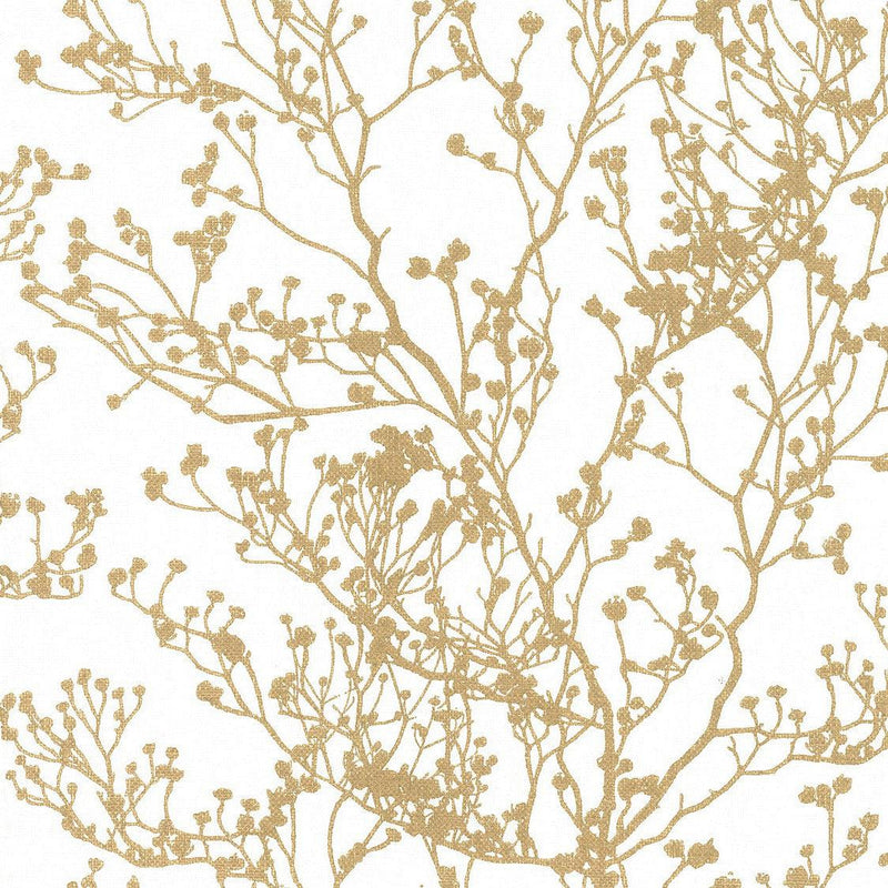 Wallpaper Budding Branch Silhouette Wallpaper // White & Gold 