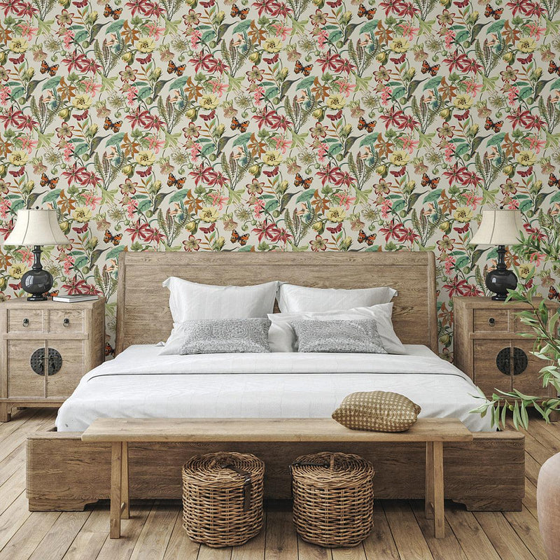 Wallpaper Butterfly House Wallpaper // Light Taupe & Coral 