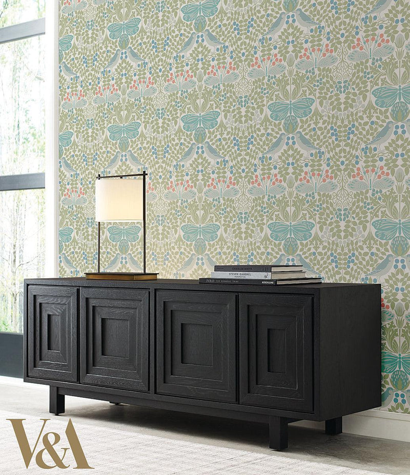 Wallpaper Butterly Garden Wallpaper // Green & Blue 