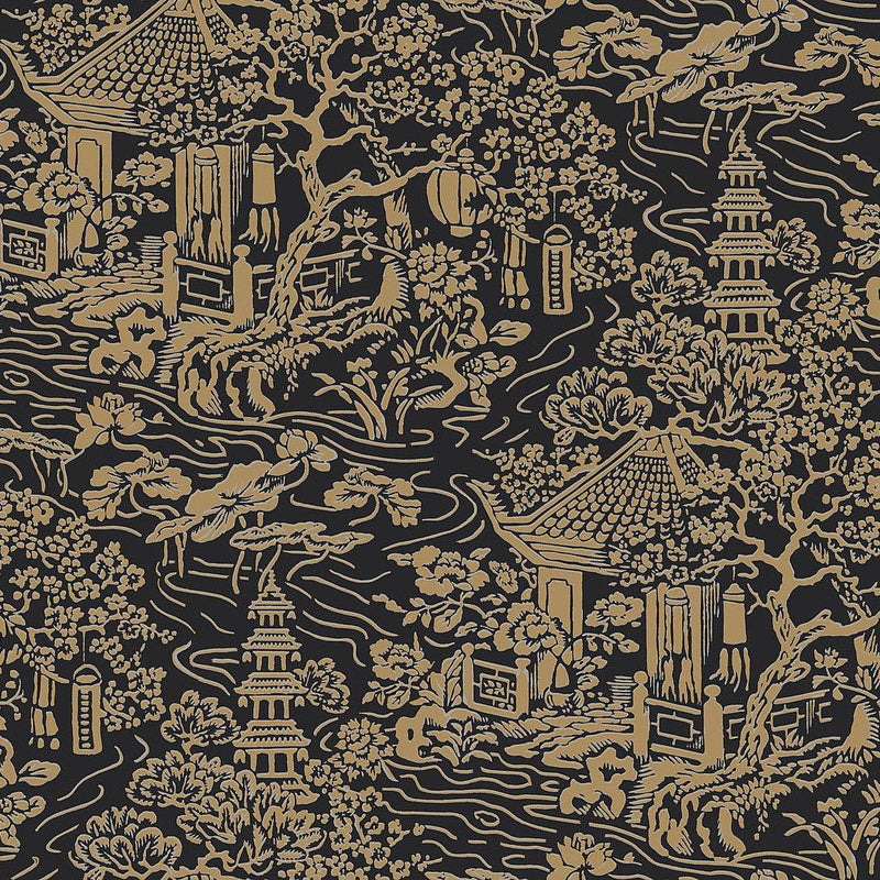 Wallpaper Chinoiserie Wallpaper Sample // Black & Gold 8 x 10 