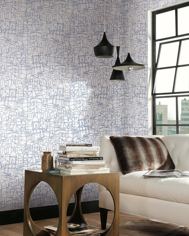 Wallpaper Cubist Cityscape Peel & Stick Wallpaper // Blue 