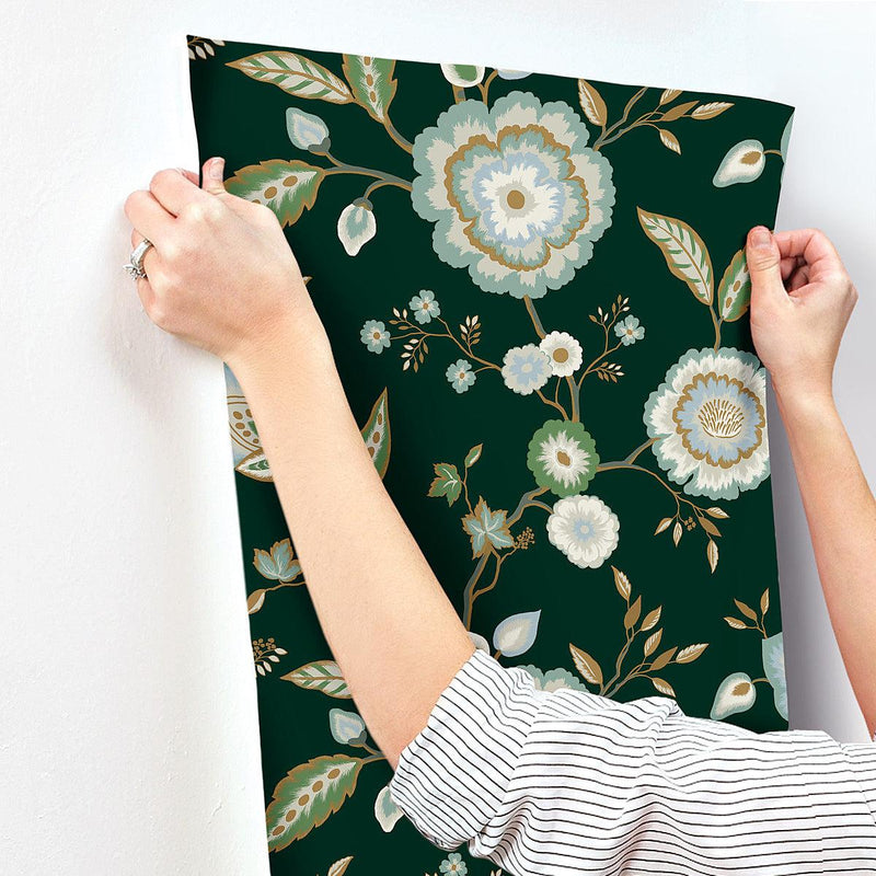 Wallpaper Dahlia Blooms Wallpaper // Green & Blue Metallic 