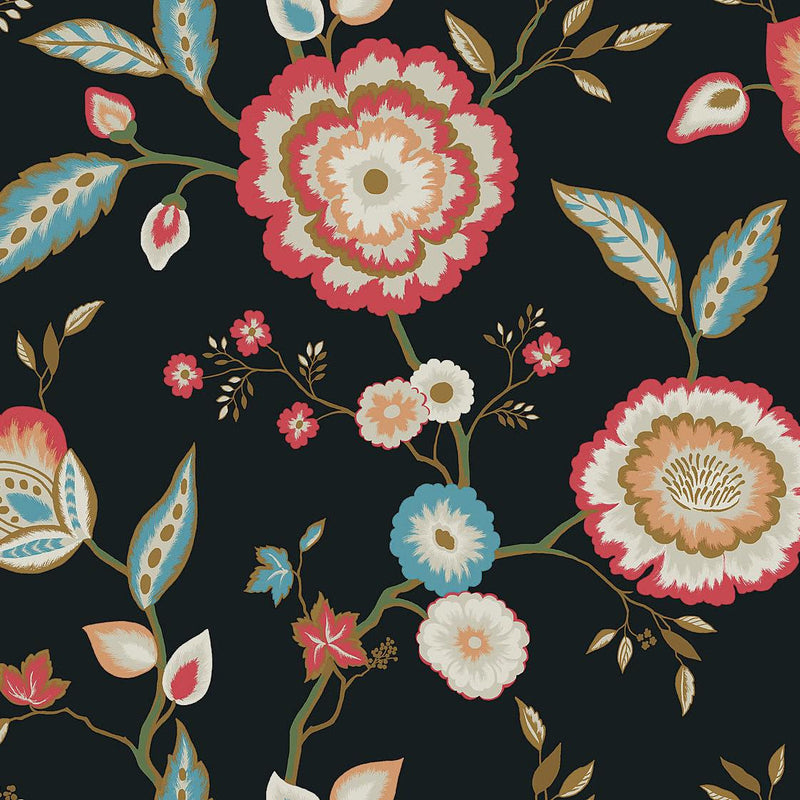 Wallpaper Dahlia Blooms Wallpaper Sample // Black & Pink Metallic 8 x 10 
