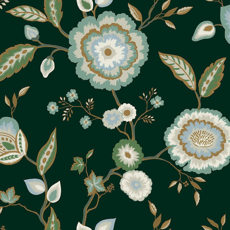 Wallpaper Dahlia Blooms Wallpaper Sample // Green & Blue Metallic 8 x 10 