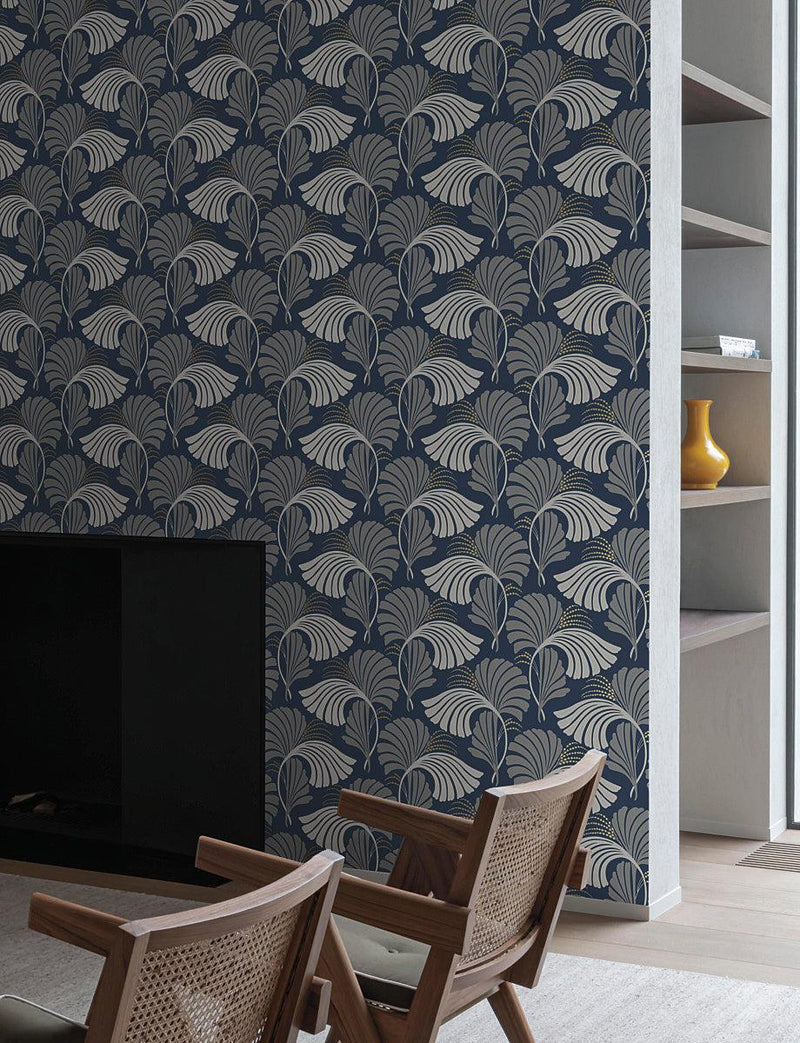 Wallpaper Dancing Leaves Wallpaper // Navy 