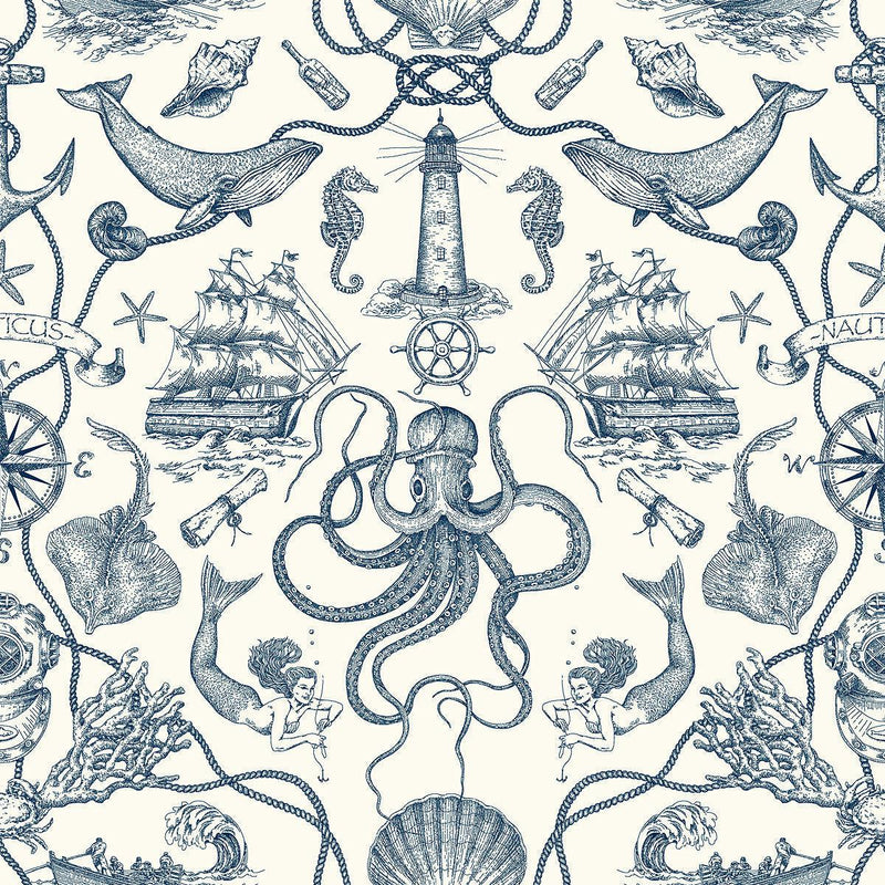 Wallpaper Deep Sea Toile Wallpaper Sample // Blue 8 x 10 