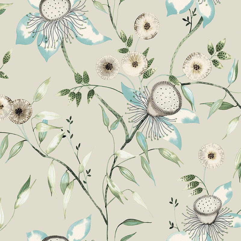 Wallpaper Dream Blossom Wallpaper Sample // Taupe & Aqua 8 x 10 
