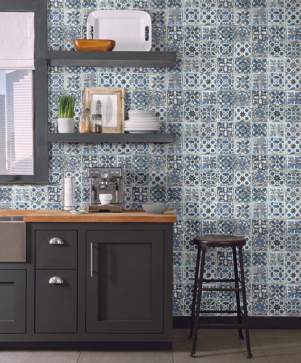 Wallpaper Encaustic Tile Peel & Stick Wallpaper // Blue 