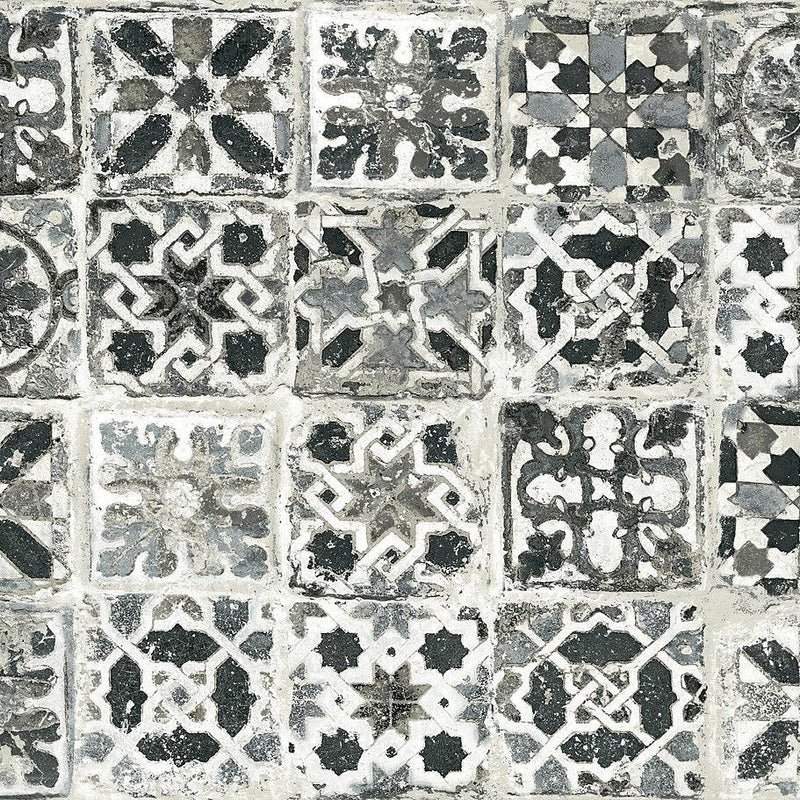 Wallpaper Encaustic Tile Peel & Stick Wallpaper Sample // Black 8 x 10 