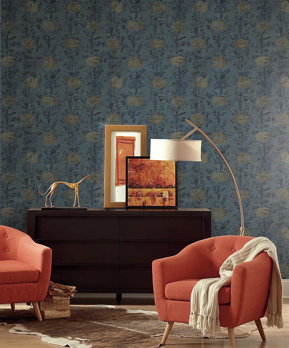 Elegant French Marigold Wallpaper | Blue & Gold Floral Design
