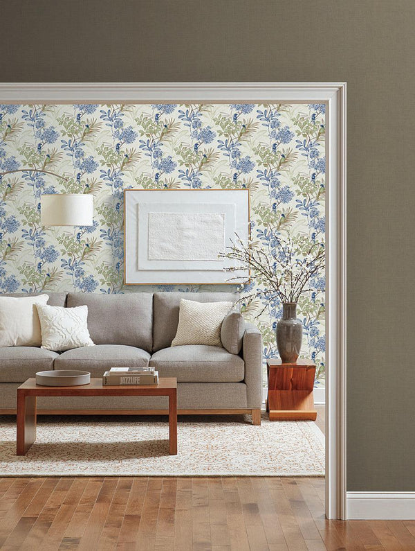 Wallpaper Handpainted Songbird Wallpaper // Green & Blue 