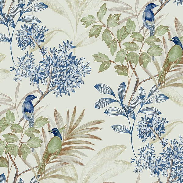 Wallpaper Handpainted Songbird Wallpaper // Green & Blue 