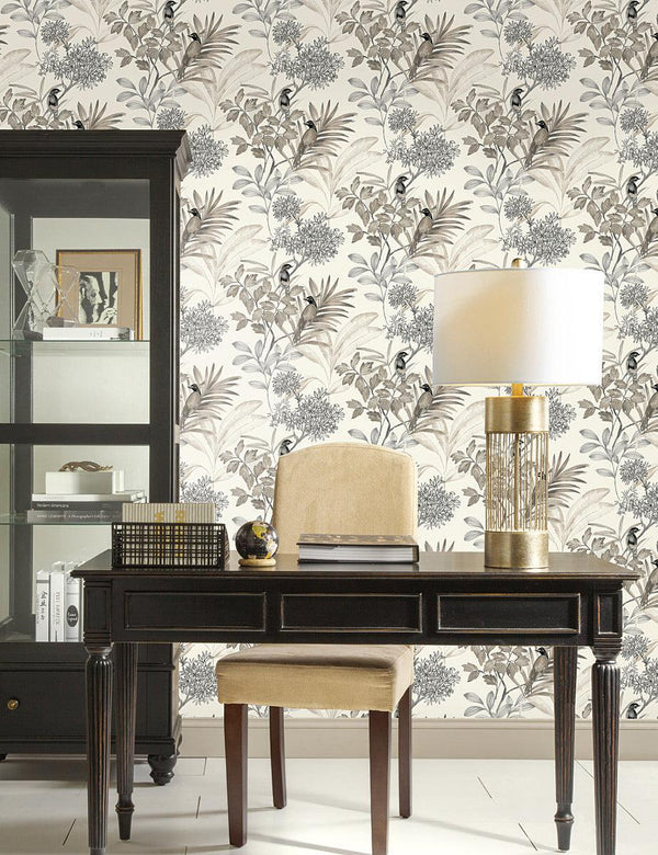 Wallpaper Handpainted Songbird Wallpaper // Grey 