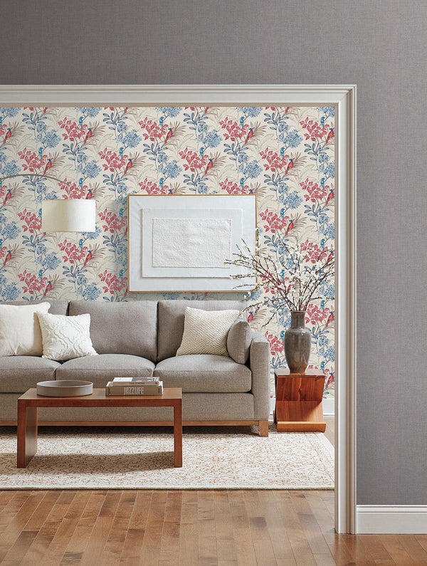 Wallpaper Handpainted Songbird Wallpaper // Red & Blue 