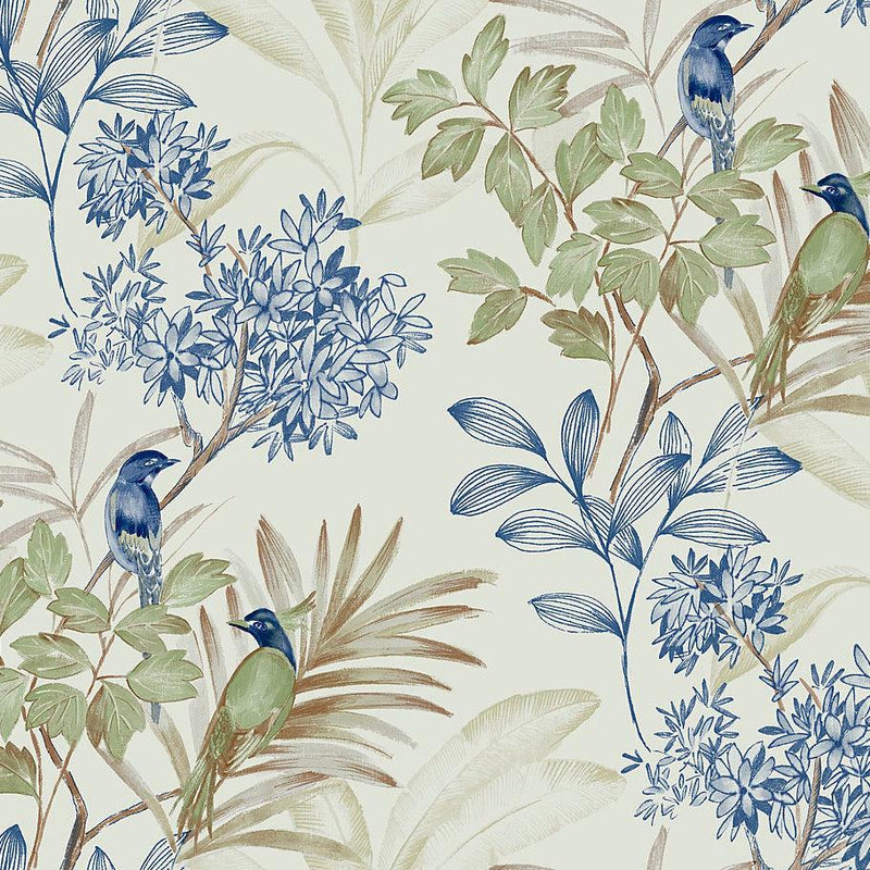 Wallpaper Handpainted Songbird Wallpaper Sample // Green & Blue 8 x 10 
