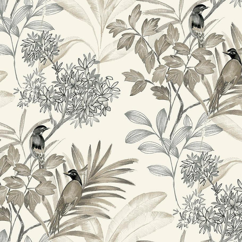 Wallpaper Handpainted Songbird Wallpaper Sample // Grey 8 x 10 