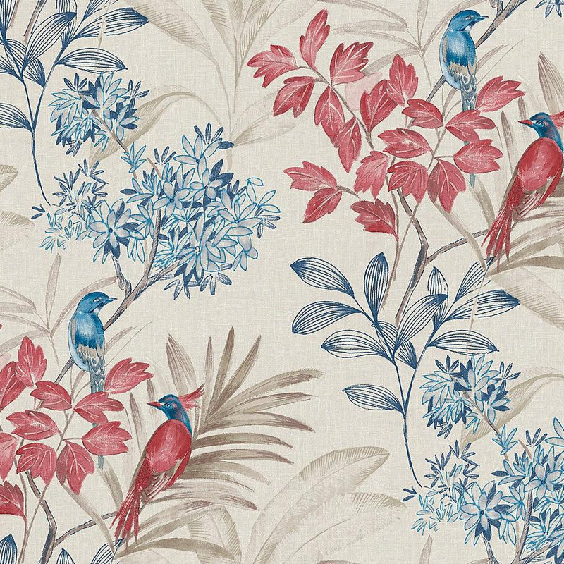 Wallpaper Handpainted Songbird Wallpaper Sample // Red & Blue 8 x 10 