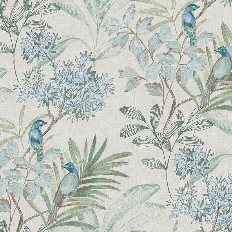 Wallpaper Handpainted Songbird Wallpaper Sample // Turquiose 8 x 10 