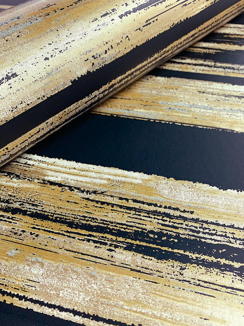 Wallpaper Horizontal Dry Brush Wallpaper // Black & Gold 