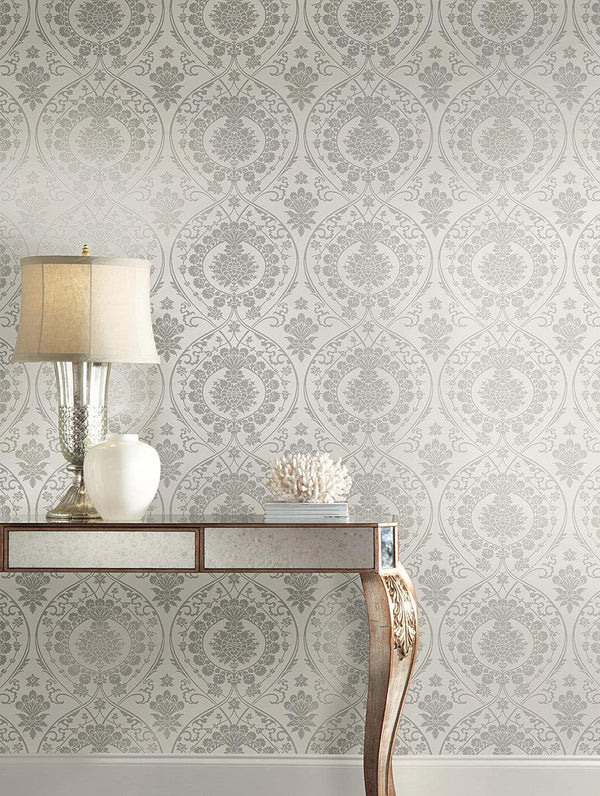 Wallpaper Imperial Damask Wallpaper // Grey & Silver 