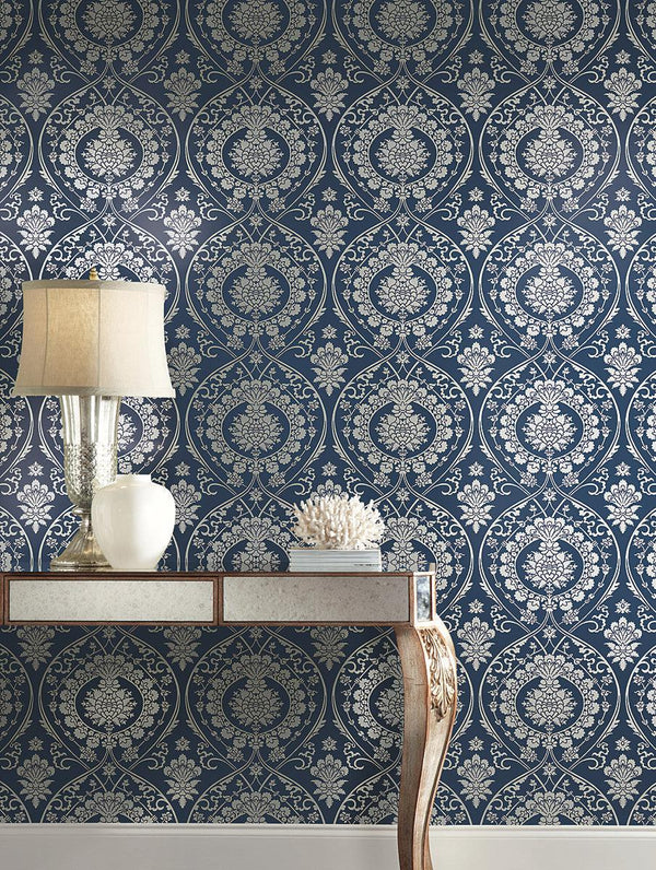 Wallpaper Imperial Damask Wallpaper // Navy & Silver 