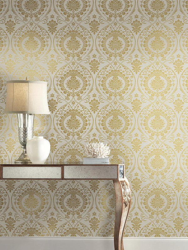 Wallpaper Imperial Damask Wallpaper // Off White & Gold 