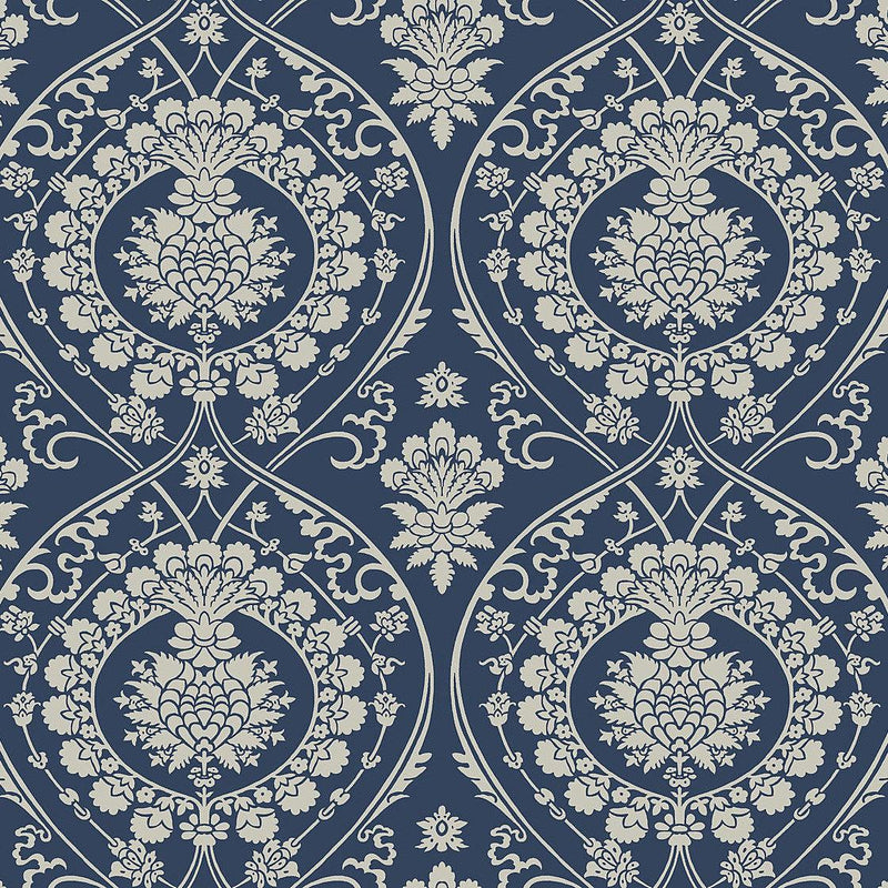 Wallpaper Imperial Damask Wallpaper Sample // Navy & Silver 8 x 10 