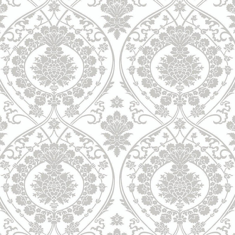 Wallpaper Imperial Damask Wallpaper Sample // White & Silver 8 x 10 