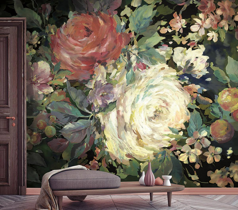 Wallpaper Impressionist Floral Wall Mural // Red & Black 