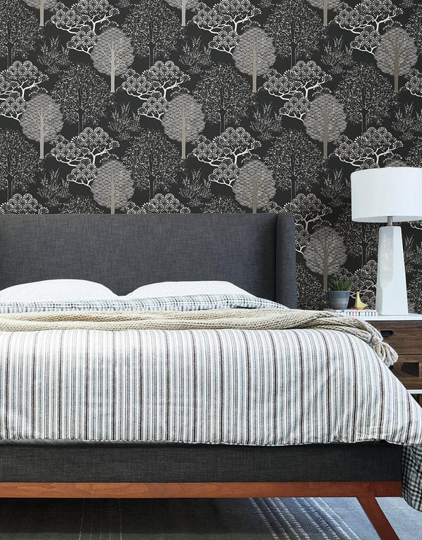 Wallpaper Kimono Trees Wallpaper // Black Metallic 