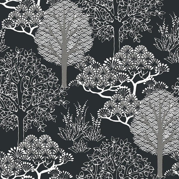 Wallpaper Kimono Trees Wallpaper // Black Metallic 