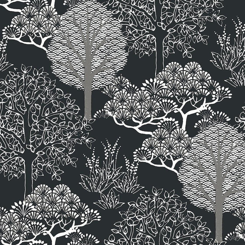 Wallpaper Kimono Trees Wallpaper Sample // Black Metallic 8 x 10 