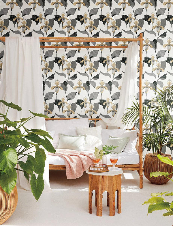 Wallpaper Lady Slipper Wallpaper // Gold & Grey 