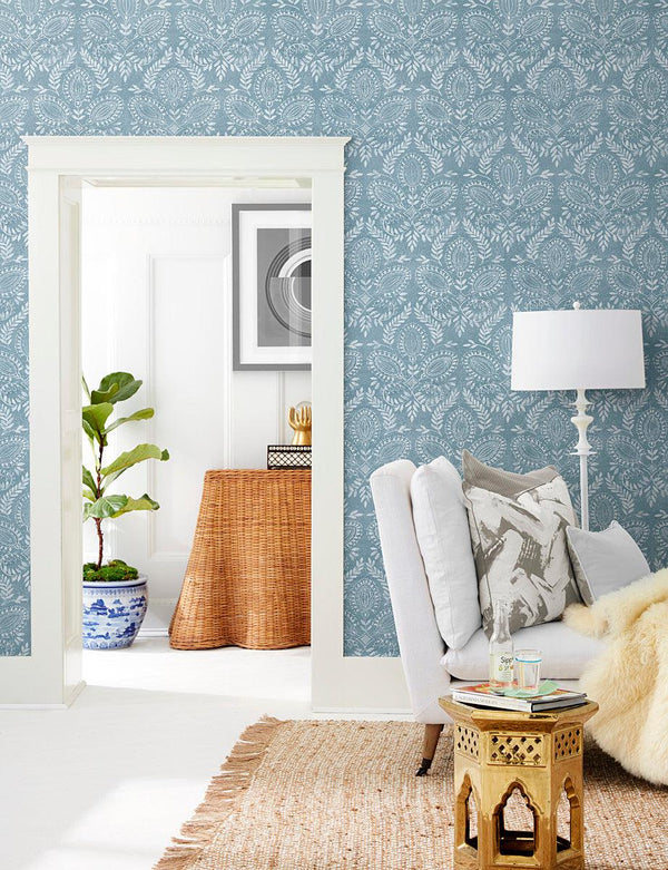 Wallpaper Laurel Damask Wallpaper // Blue 