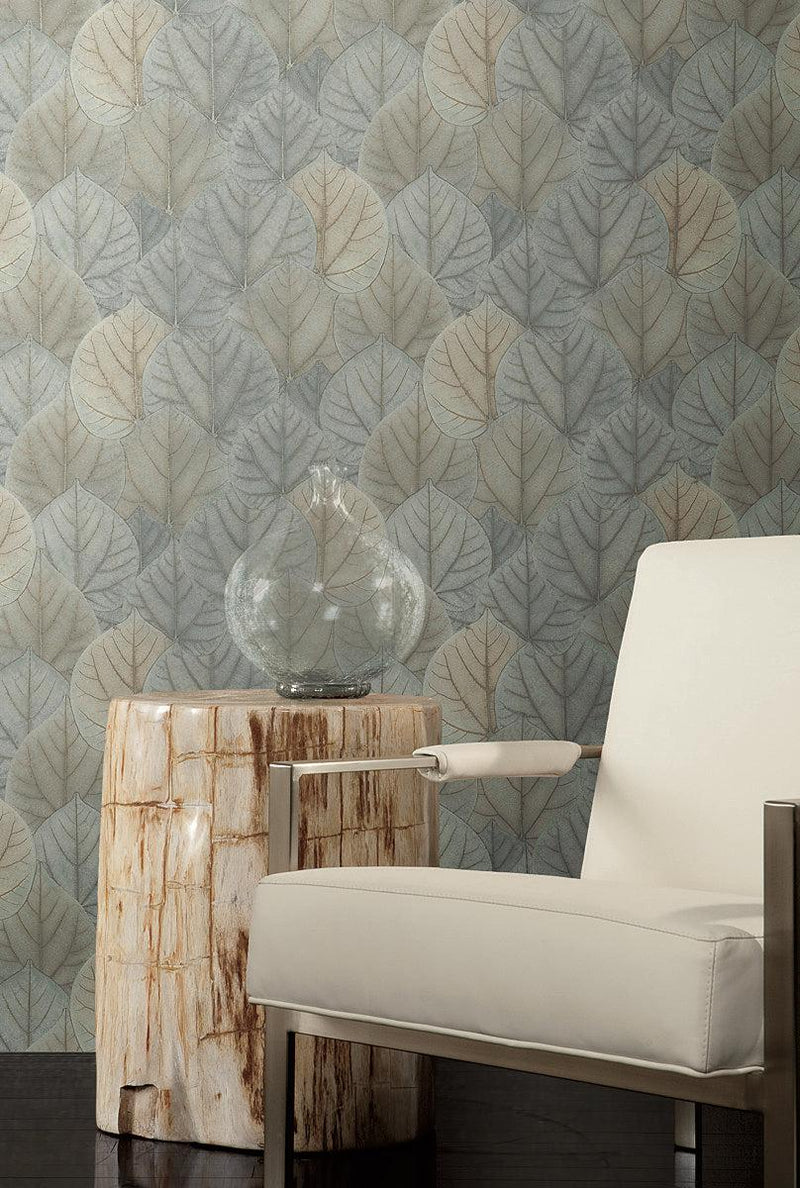 Wallpaper Leaf Concerto Wallpaper // Blue & Taupe 