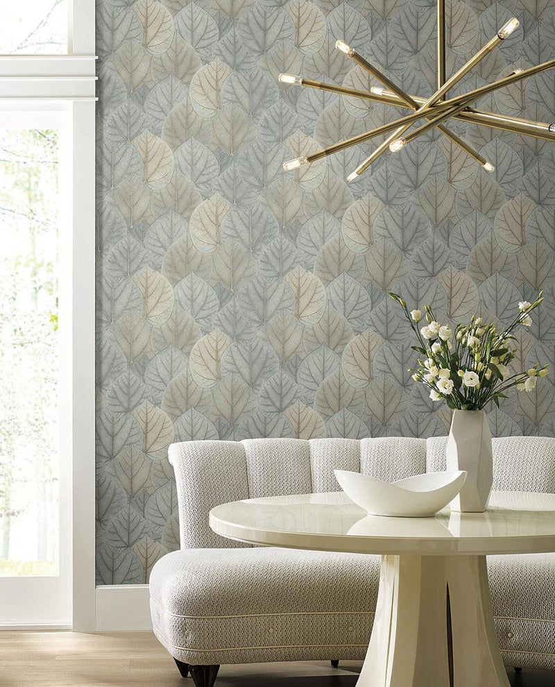 Wallpaper Leaf Concerto Wallpaper // Blue & Taupe 